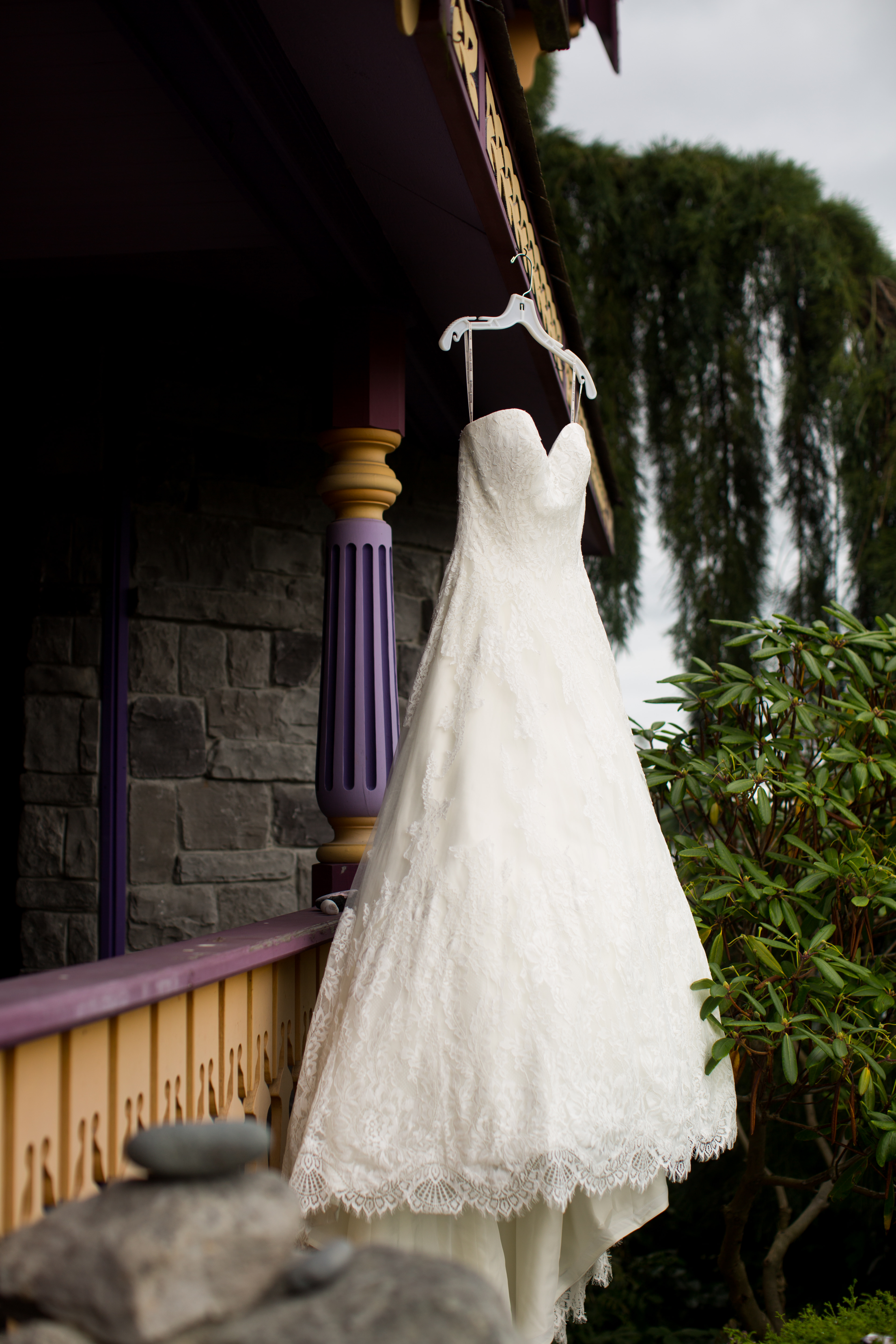 Wedding dress hanging in front of Troll Haven Farm