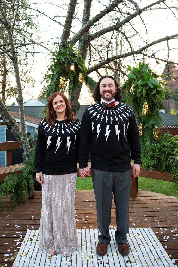 David Rose Schitts creek lightening bolt sweater wedding portrait